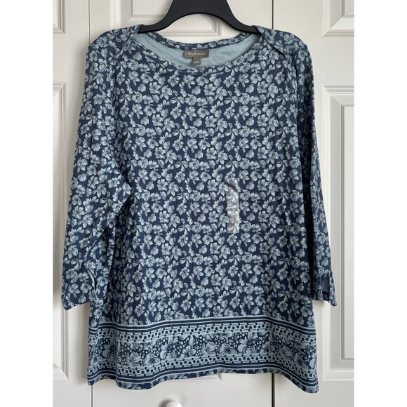 Style & Co Women's Fleur Blue Floral 3/4-Sleeve Pima Cotton Knit Top Plus Size - Picture 1 of 9